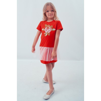 Embroidered dress for girl "Smile of Rose" mesh Red